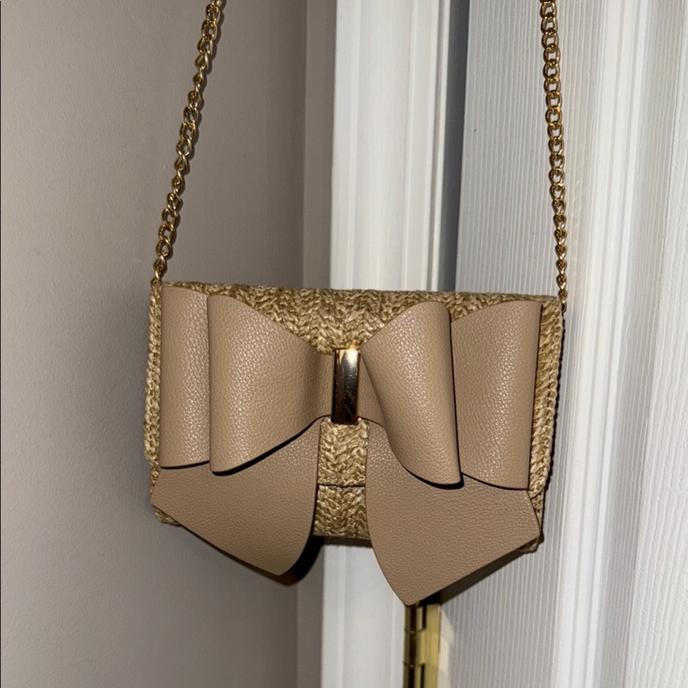Tan Crossbody Bag with Gold Chain and Bow Accent